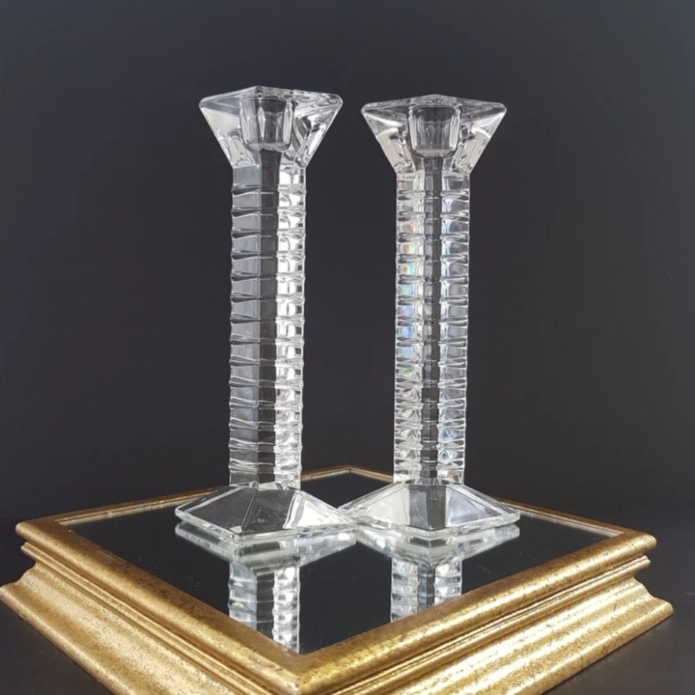 Vintage Art Deco Lead Crystal Candlestick Holders Diamond Shape Set of 2